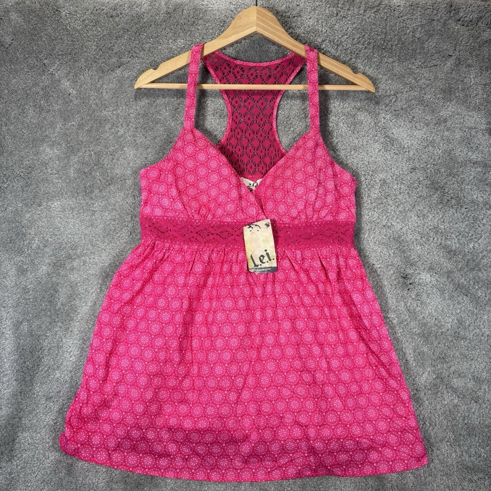 LEI Tunic Top Womens L Pink Medallion Print Racerback Smocked Boho Festival NWT